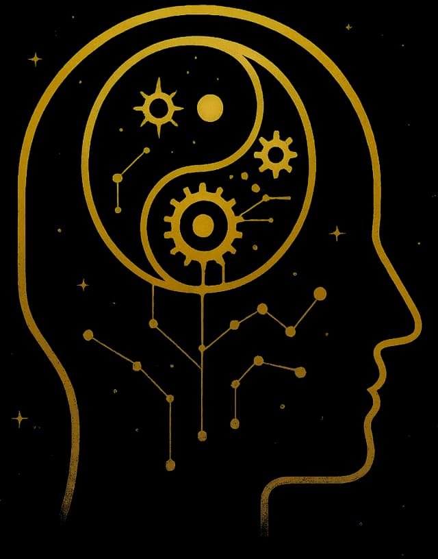Golden mystical head with yin-yang and gears